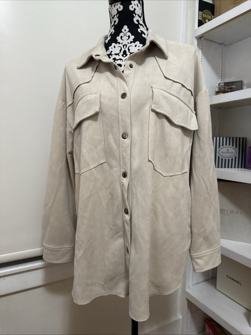 Altar’s State Men's  L Shacket Shirt Jacket Faux Suede Ivory Snap Buttons unisex